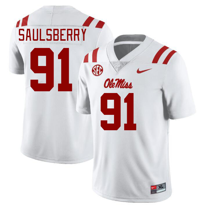 Men #91 Myles Saulsberry Ole Miss Rebels College Football Jerseyes Stitched Sale-White